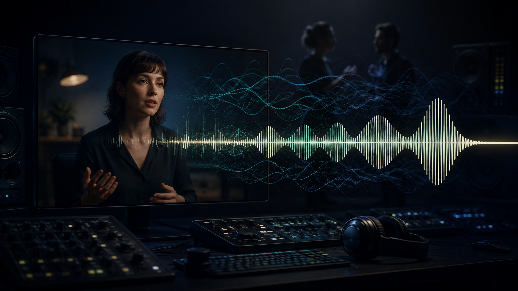A video editor separating a clear foreground speaker waveform from overlapping background conversation