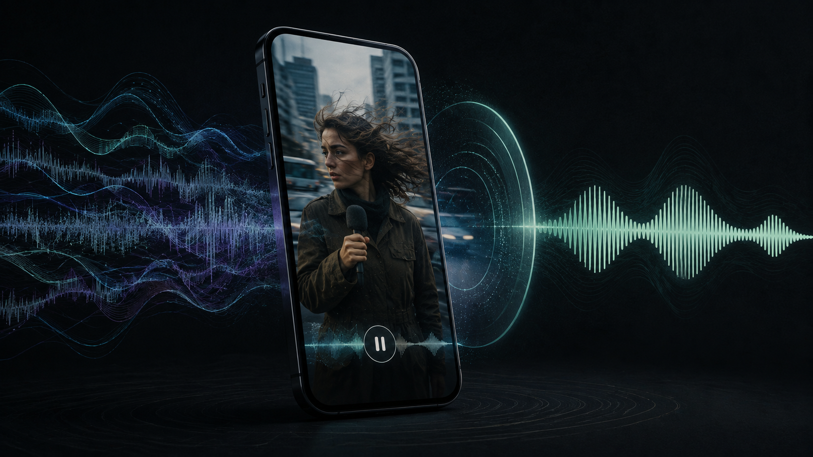 An iPhone video recording with tangled wind and traffic waveforms becoming a clean speech waveform