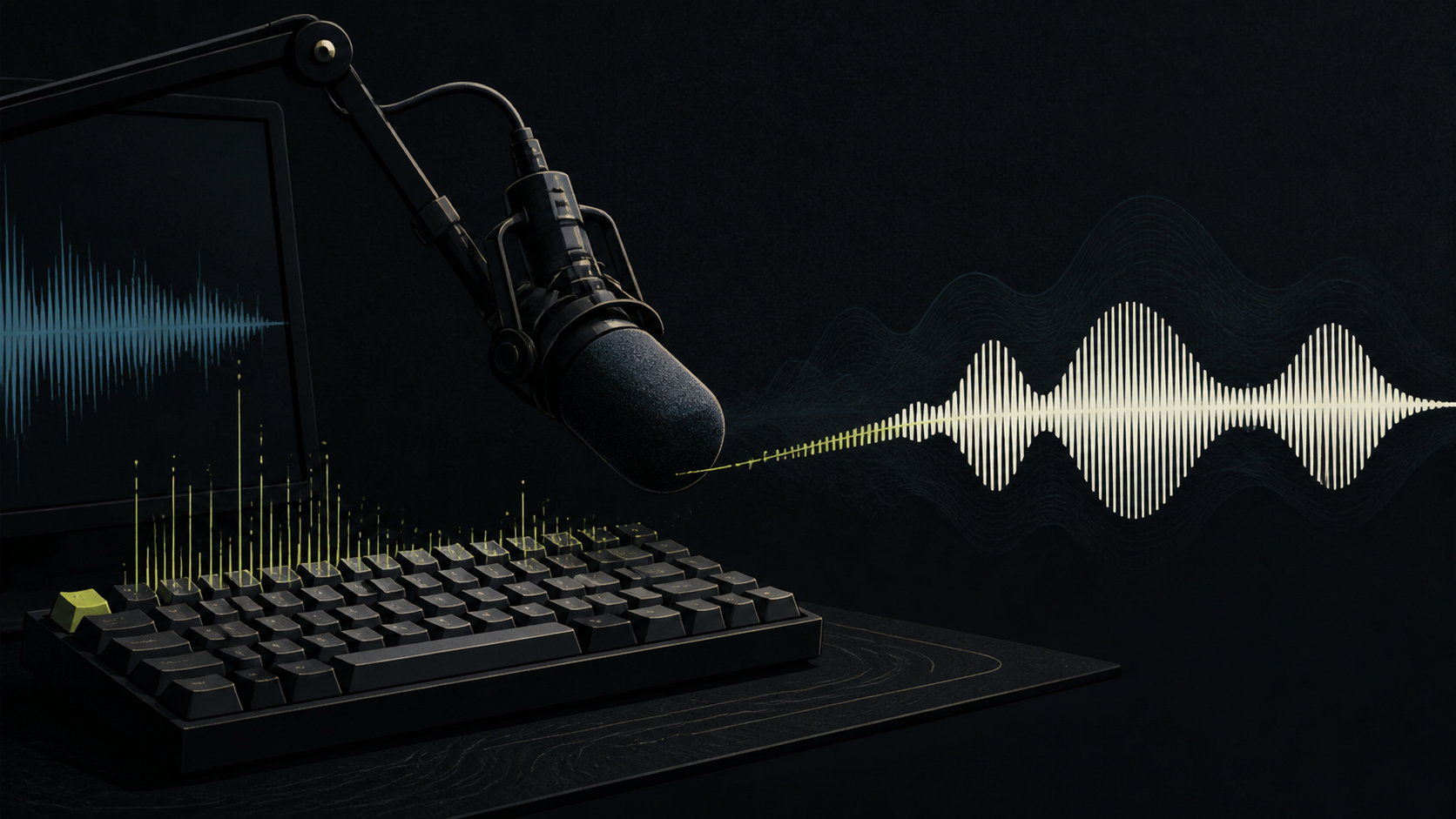 A keyboard, close microphone, and audio waveform illustrating keyboard noise cleanup for screen recordings