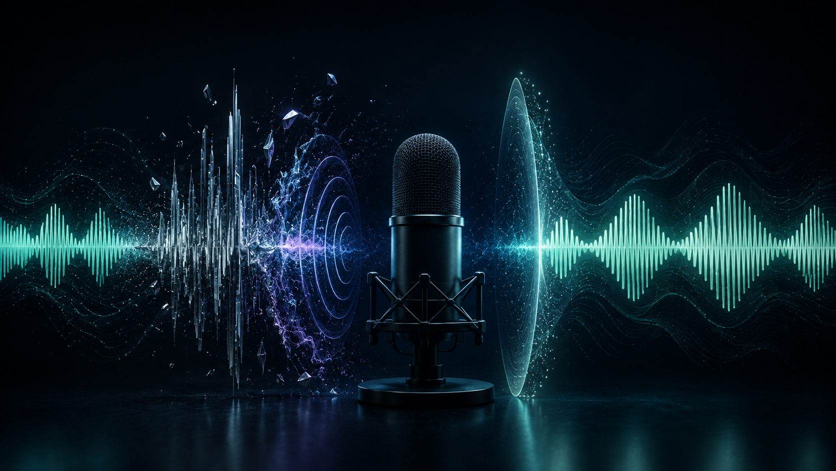 A studio microphone between a fragmented metallic waveform and a smooth natural speech waveform