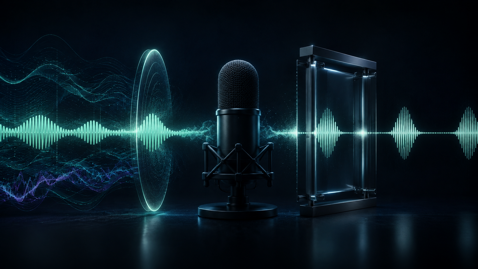 A microphone between a continuous noise-reduction field and a glass noise gate controlling speech waveforms