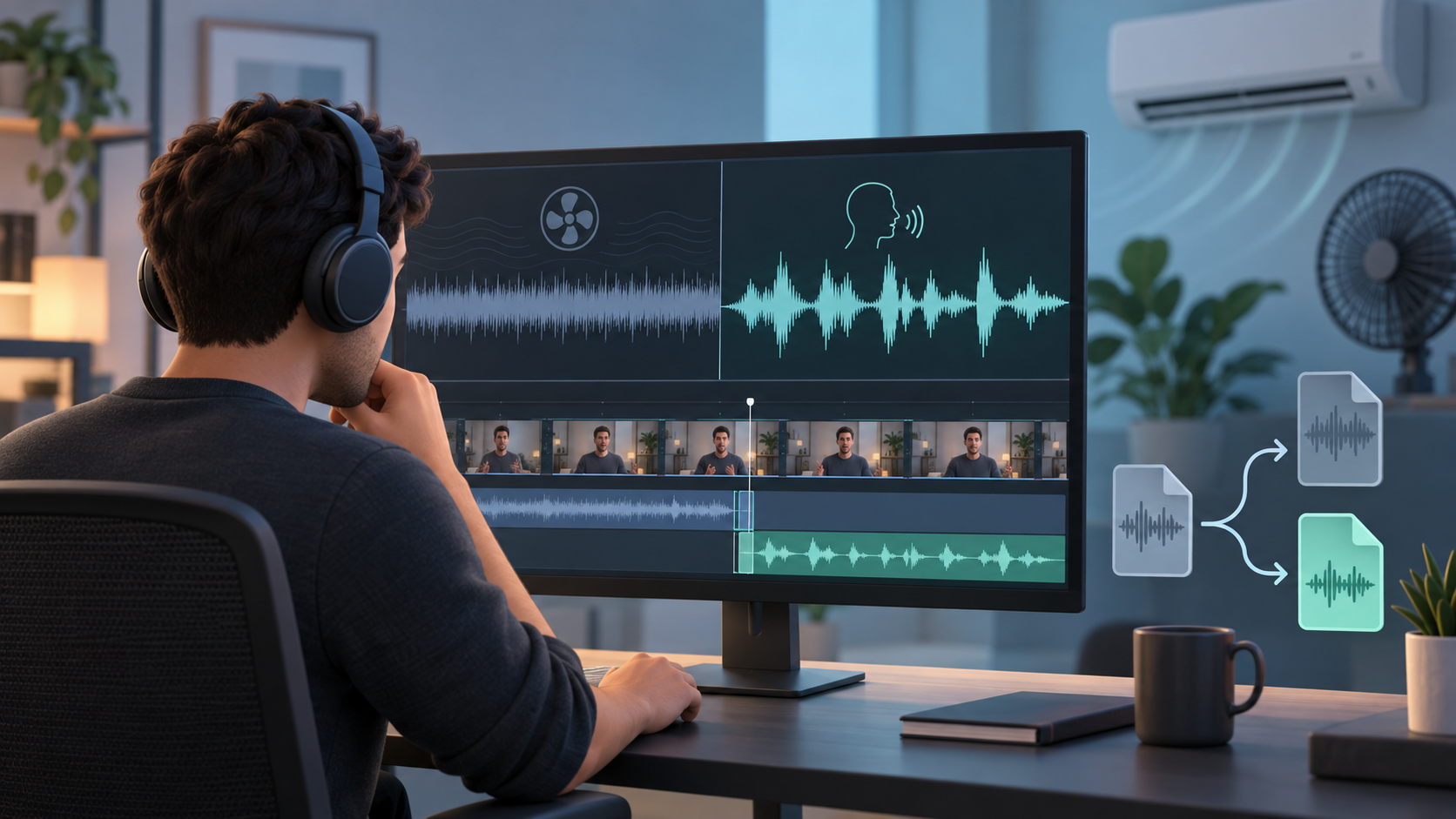 Editorial illustration of a creator comparing air-conditioner hum and cleaned spoken-video audio on an editing timeline