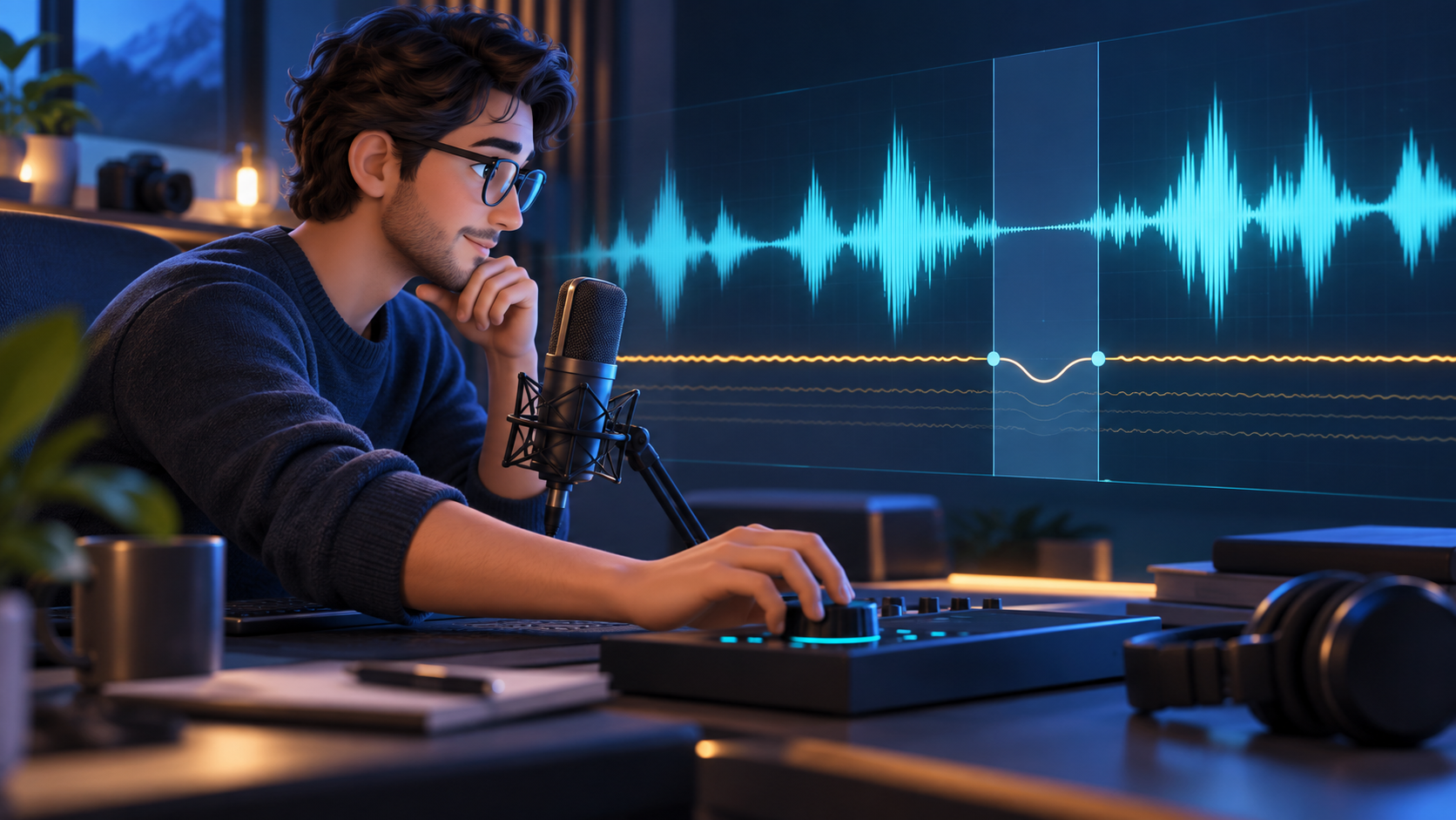 Editorial illustration of an editor isolating a thin electrical hum line and harmonics while preserving a spoken waveform