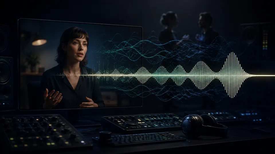 A video editor separating a clear foreground speaker waveform from overlapping background conversation