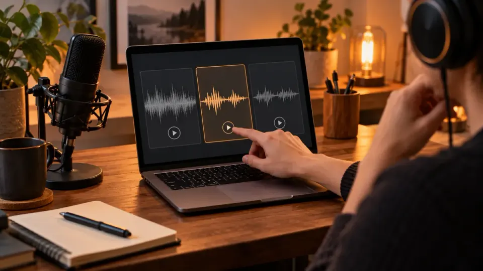 Microphone and headphones beside conceptual waveform choices for comparing recorded-speech cleanup