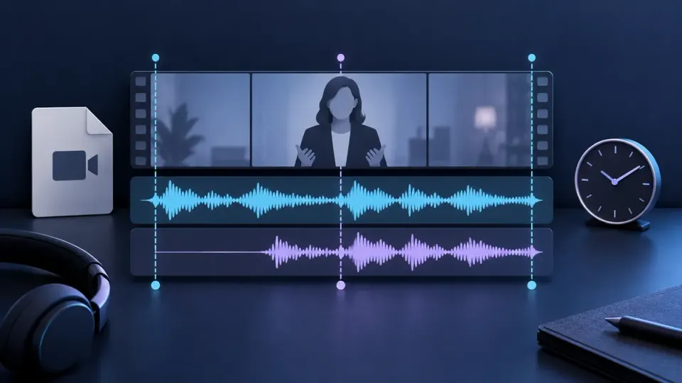 Concept illustration of a video timeline and two audio waveforms with three alignment markers at the beginning, middle and end