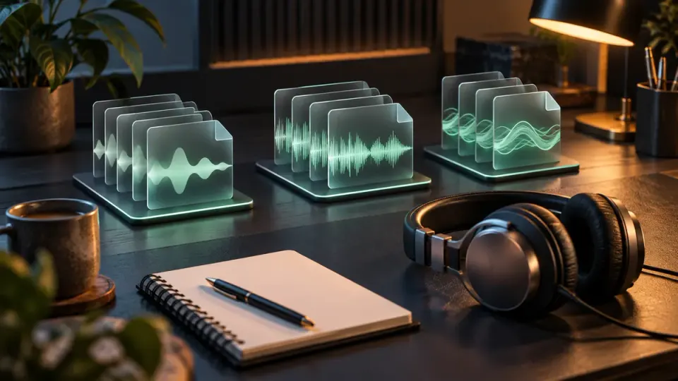 Conceptual audio-file cards arranged in separate groups beside headphones and a blank review notebook