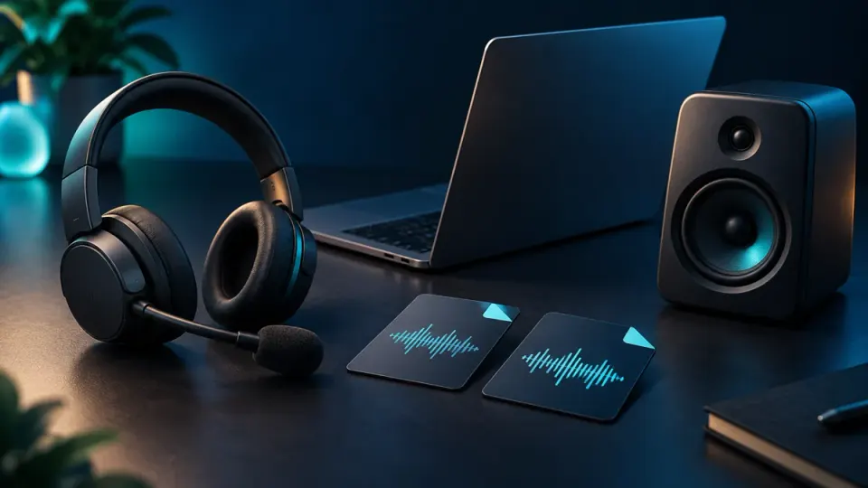 Concept illustration of a wireless boom headset beside a laptop, desktop speaker and two audio-file cards on a dark studio desk