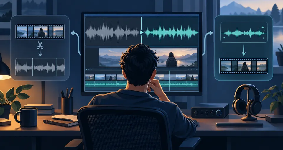 Editorial illustration of a creator comparing original and cleaned spoken-video audio across an editing timeline