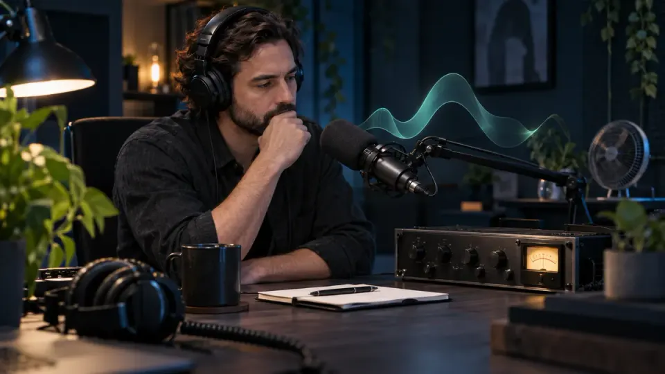 Microphone, headphones, desk fan and a conceptual ribbon representing changing audio gain