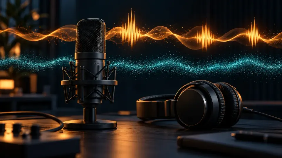 Conceptual microphone and headphones beside short amber sound spikes and a continuous teal noise ribbon