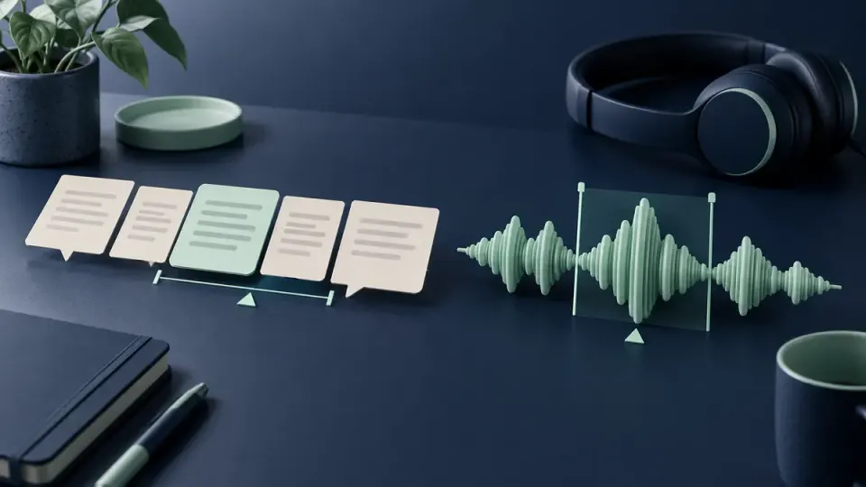 Conceptual transcript cards beside a mint waveform sculpture and unbranded headphones on a navy editing desk