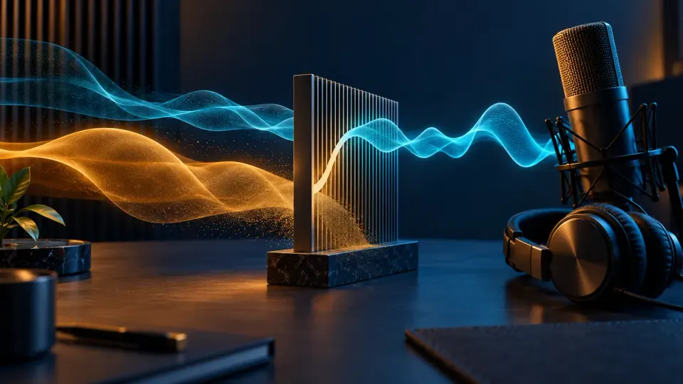 Conceptual microphone and headphones beside abstract low-frequency and speech ribbons passing a filter sculpture