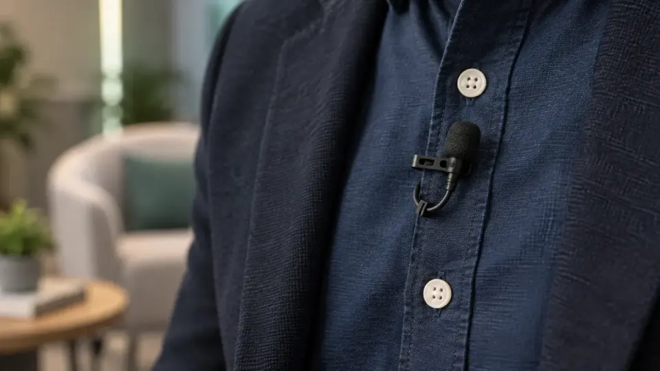 Small unbranded lavalier microphone clipped to garment fabric beside a relaxed cable loop