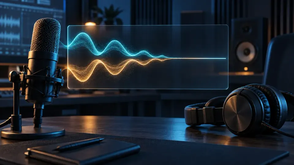Microphone and headphones beside conceptual opposing stereo waveforms meeting a quiet central line