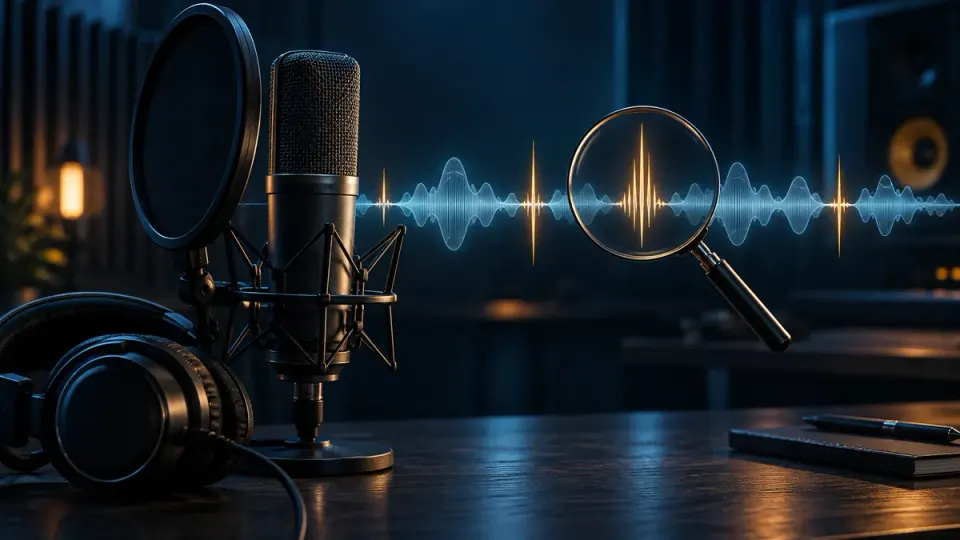 Microphone and headphones beside a conceptual speech waveform with isolated click spikes under a magnifying lens
