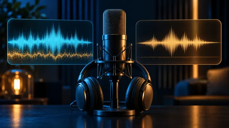 Microphone beside conceptual waveform panels showing overall gain and restrained noise cleanup