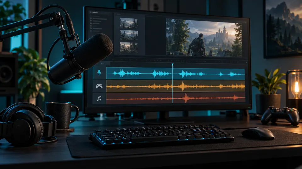 Microphone and headphones beside separate voice and game-audio tracks on a recording workstation