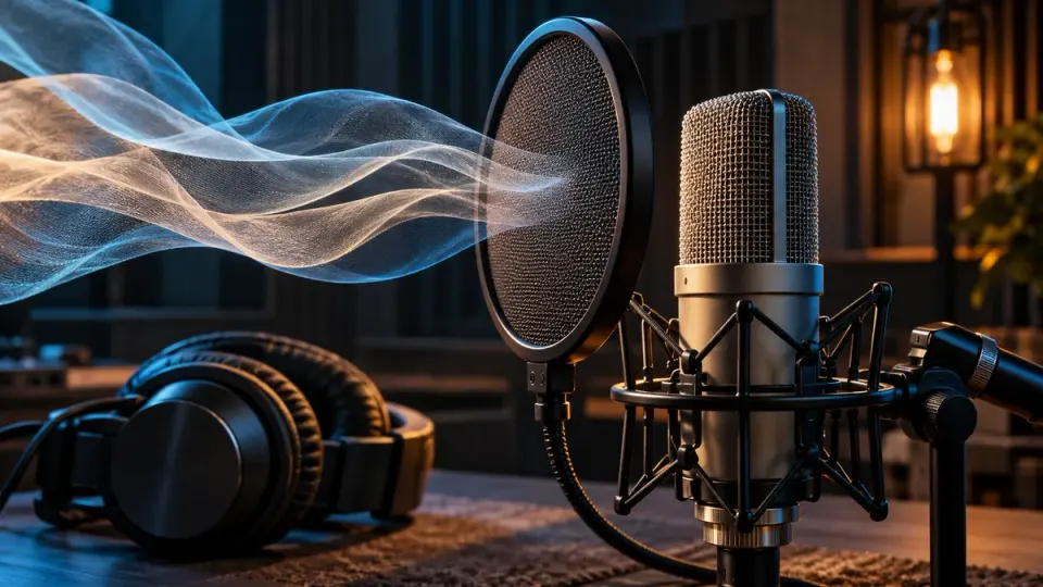 Studio microphone behind a round mesh pop filter with conceptual air ribbons and monitoring headphones