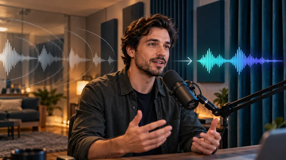 Creator recording close to a microphone as reflected room sound becomes a natural dialogue waveform
