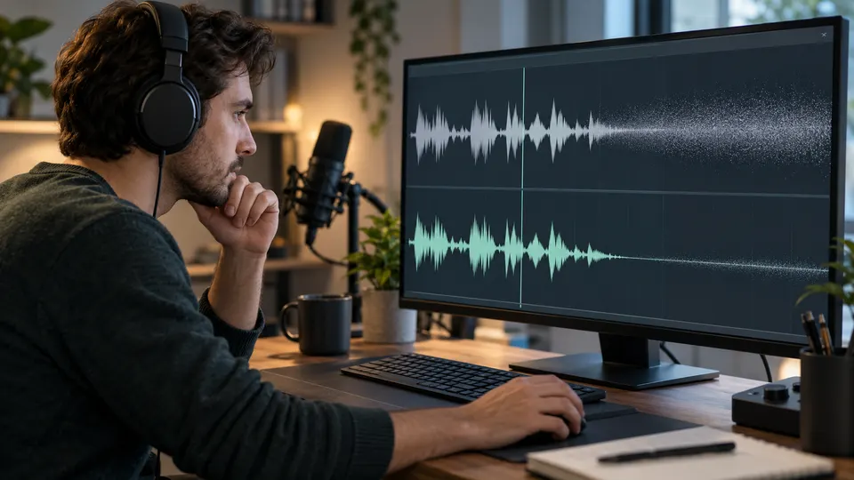 Video editor comparing a spoken waveform with a fine steady hiss layer while monitoring on headphones