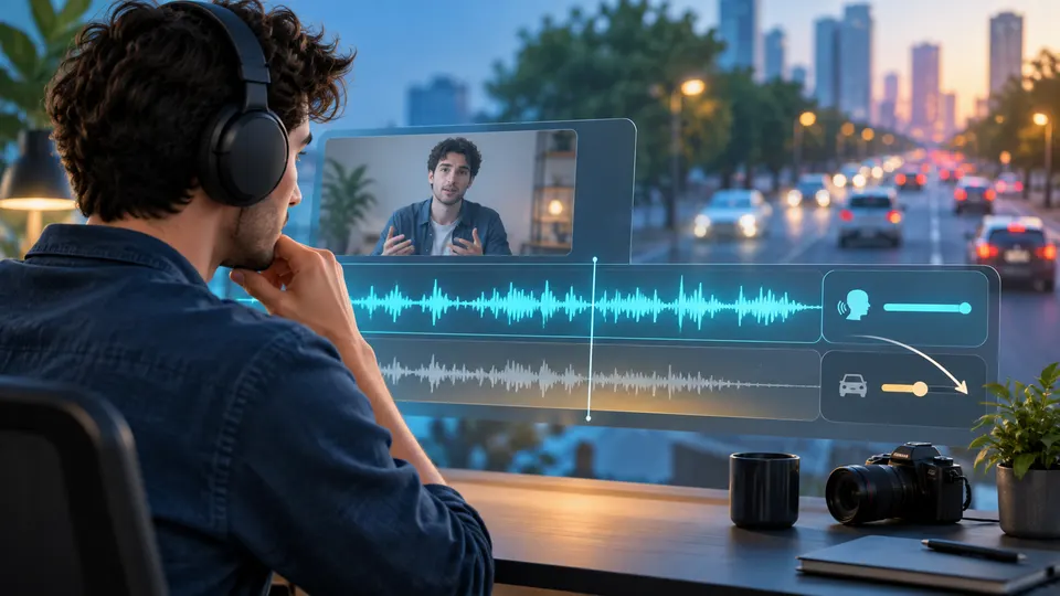 Editorial illustration of a creator comparing road-traffic noise and clear spoken video audio on an editing timeline