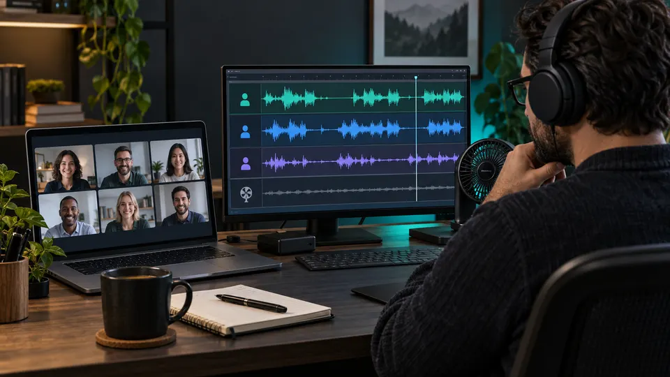 Audio editor checking separate speaker tracks from a completed online meeting recording