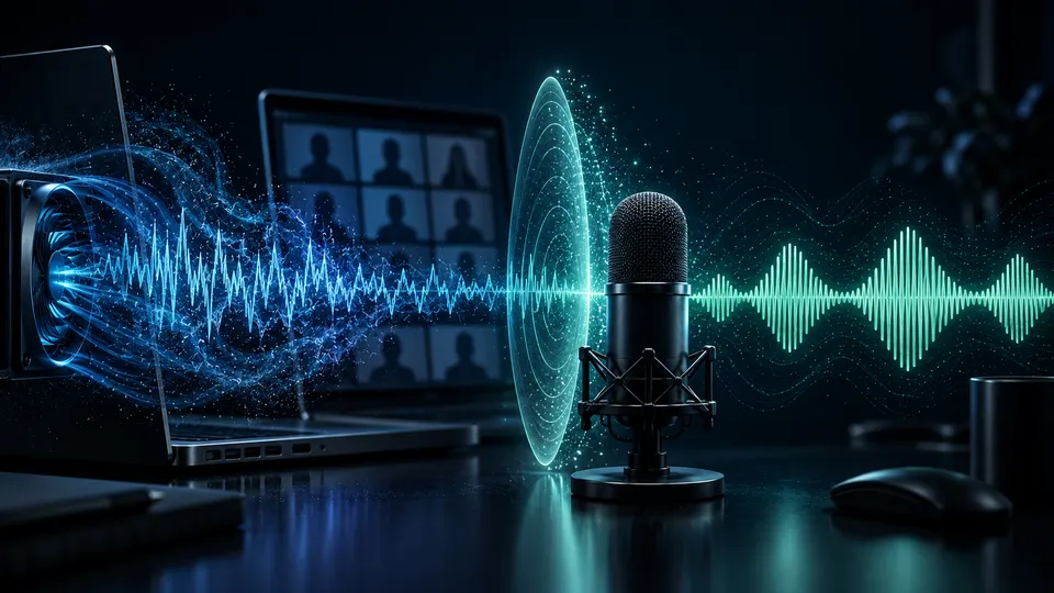 A webinar microphone filtering an irregular computer-fan waveform into a clean speech waveform