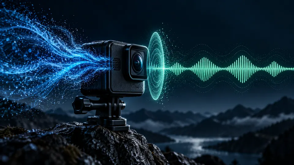 An action camera surrounded by turbulent blue wind and a clear mint speech waveform
