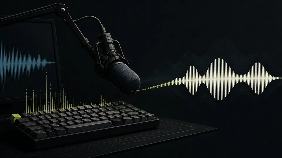 A keyboard, close microphone, and audio waveform illustrating keyboard noise cleanup for screen recordings