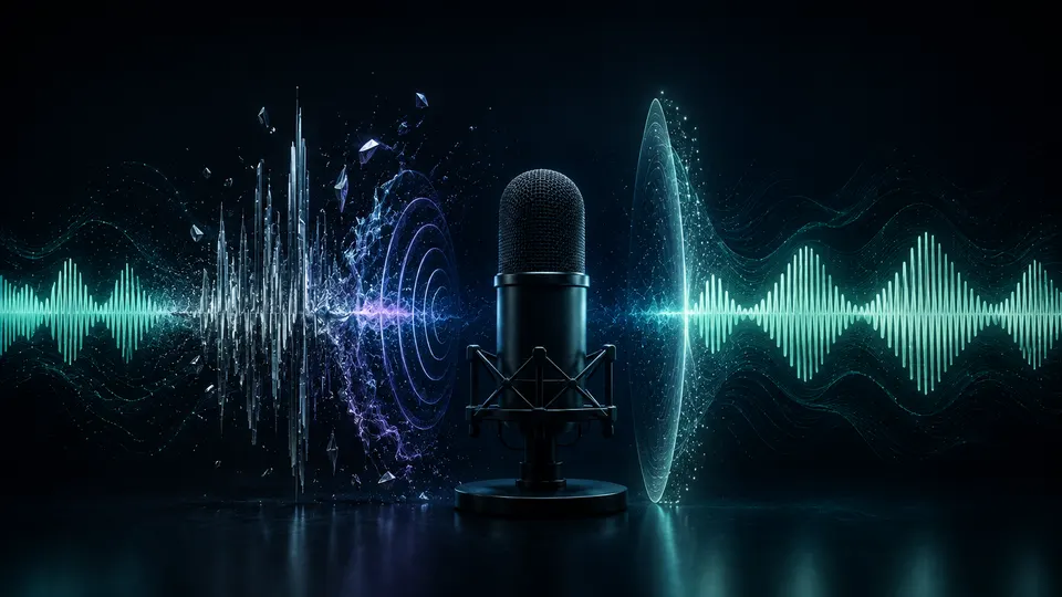 A studio microphone between a fragmented metallic waveform and a smooth natural speech waveform